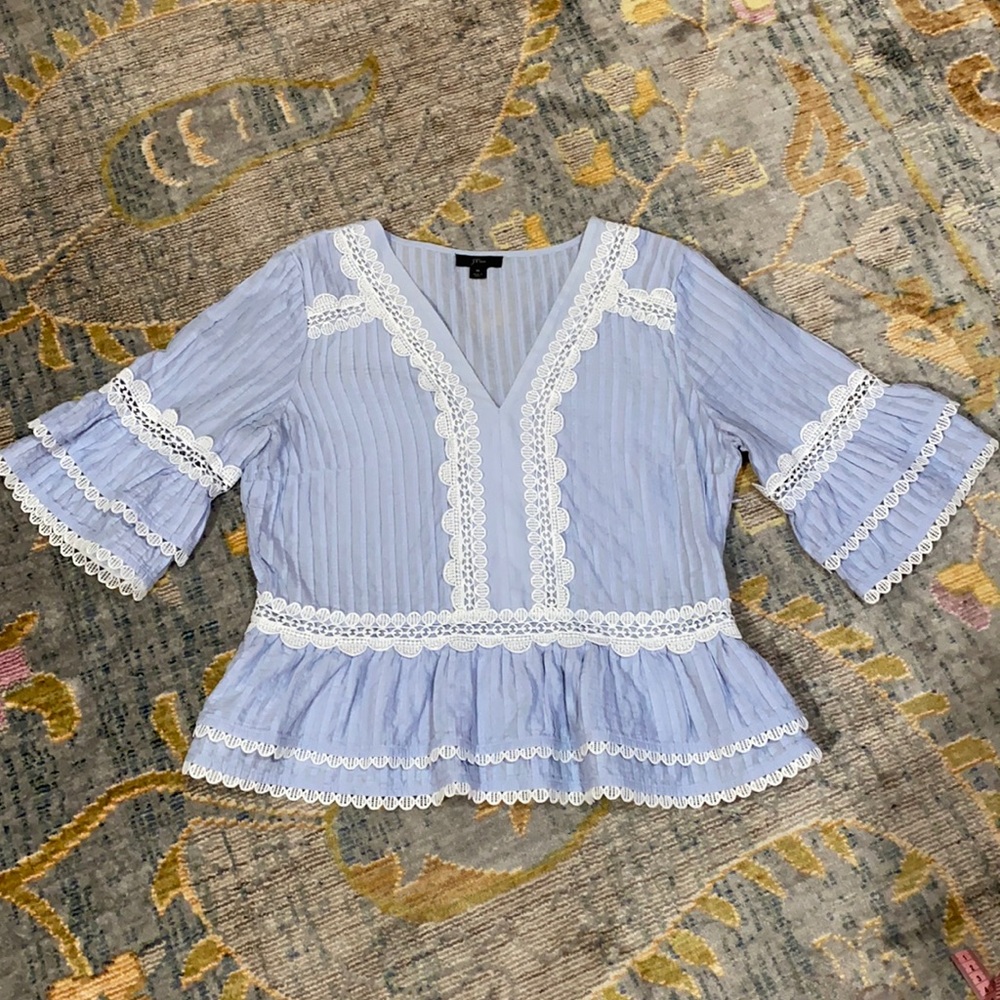 J. Crew Blue and White Lace Trim Blouse